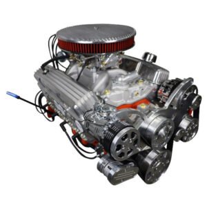 Alternative view of GM Small Block Compatible 383 c.i. Low Profile Engine – 436 Horsepower – Deluxe Dressed – Polished Pulley Kit – Carbureted