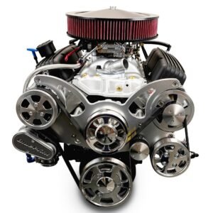 Alternative view of GM Small Block Compatible 383 c.i. Engine and TKX Manual Transmission – 436 Horsepower – Standard Edition Builder Series – Polished Pulley Kit – Carbureted