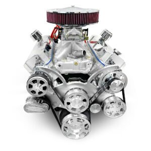 Alternative view of GM Big Block Compatible 598 c.i. Engine and 4L80E Automatic Transmission – 741 Horsepower – Standard Edition Builder Series – Black Pulley Kit – Carbureted