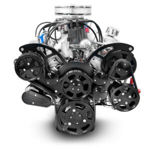 Alternative view of Ford Small Block Compatible 347 c.i. Engine – 415 Horsepower – Deluxe Dressed with Black Pulley Kit – Carbureted