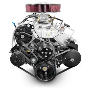Alternative view of GM Small Block Compatible 383 c.i. Engine – 436 Horsepower – Deluxe Dressed with Black Pulley Kit – Carbureted