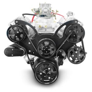 Alternative view of GM Big Block Compatible 454 c.i. Engine – 460 Horsepower – Deluxe Dressed – Black Pulley Kit – Carbureted