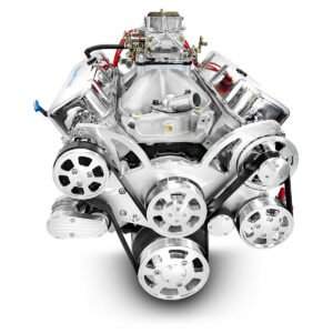 Alternative view of GM Big Block Compatible 496 c.i. Engine – 600 Horsepower – Deluxe Dressed – Polished Pulley Kit – Carbureted