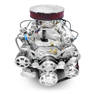 Alternative view of Chrysler Small Block Compatible 408 c.i. Engine – 465 Horsepower – Deluxe Dressed with Polished Pulley Kit – Carbureted